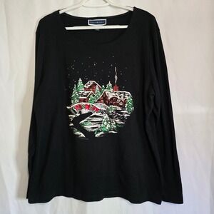 Karen Scott Christmas Top XL Black Glitter Winter Village Holiday Long Sleeve